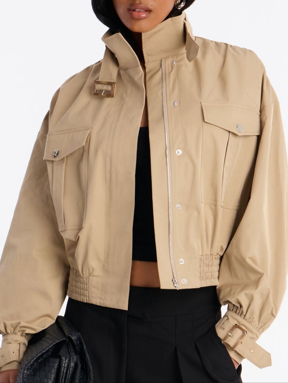 Cropped Utility Jacket in Beige with High Neck